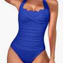 Eomenie Women One Piece Tummy Control Swimsuit Halter Scallop Trim Bathing Suits 1 Piece Vintage Ruched Slimming Swimwear Blue M