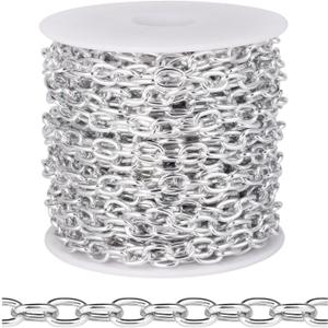 [33 FT] Silver Plated Rolo Cable Chain Bulk for Jewelry Making, 5MM Aluminum Silver Oval Cable Link Chains Roll Spool for DIY Craft Jewelry Making (5.0mm width)