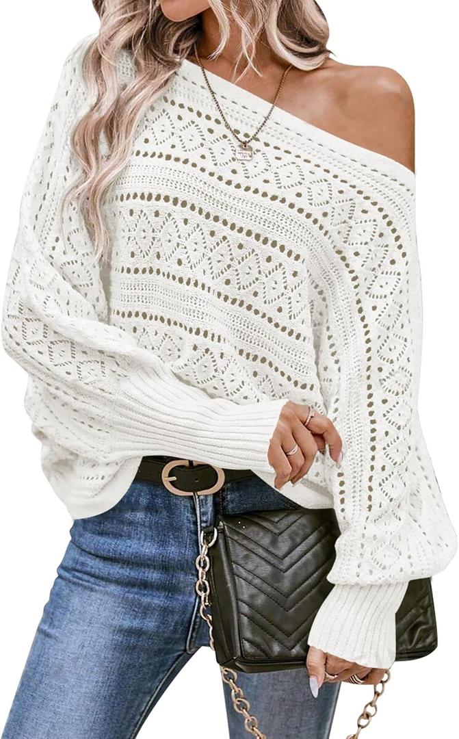 Cakulo Womens Off Shoulder Sweater Top Fall Outfits Fashion 2025 Oversized Knit Batwing Long Sleeve Crochet Pullover Sweaters (Large, White)