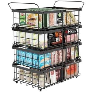 UMDONX 4 Pack Expandable Freezer Organizer Bins Large Freezer organizer Bins Stackable 11.4" Expand to 17.9", Fit 10 to 20 Cu.FT Black