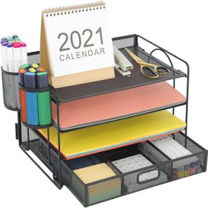Marbrasse Desk Organizer and Accessories4-Tier Paper File Letter Tray Accessories & Workspace Desk Organizers with Drawer and 2 Pen Holders for School Home Office Supplies (Black)