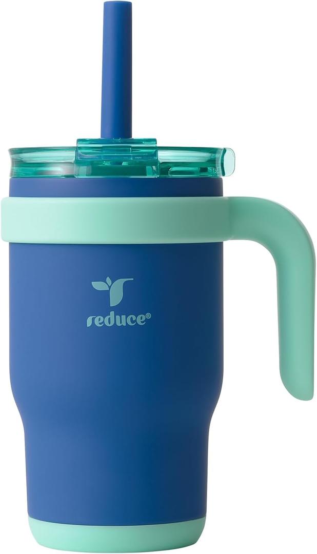 REDUCE 14 Oz Coldee Kids Tumbler with Lid and Straw - Coldee Insulated Travel Mug - Spill-Proof, Sweatproof Stainless Steel, BPA-Free - Includes Handle, Reusable Silicone Straw - Nautical Mist