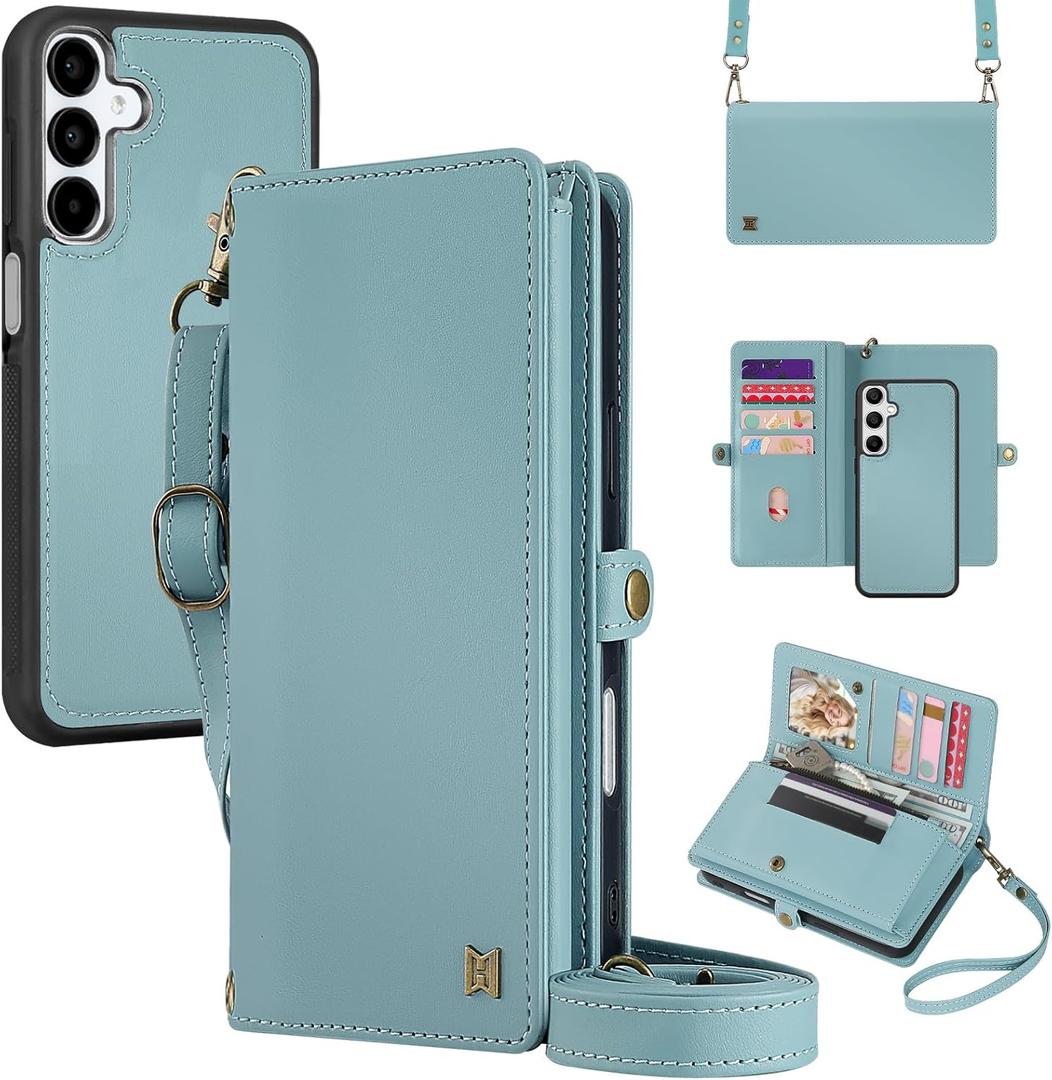 MEGSHI for Wallet Case Compatible with Samsumg Galaxy S25 Plus Multi-Function Detachable 2 in 1 Magnetic Phone Case Wallet,Flip Strap Zipper Card Holder Phone Case with Shoulder Straps (Blue)