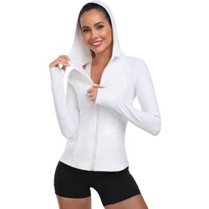 Women's Hooded Athletic Full Zip Workout Jacket With Pockets Running Slim Fit Yoga Sportwear With Thumb Holes (X-Large, White)