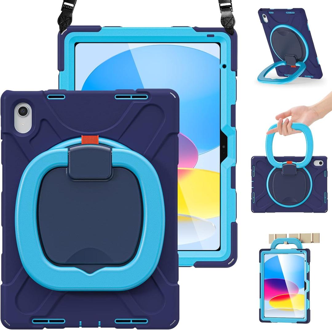 BRAECN Case for iPad (A16) 11th/10th Generation 11/10.9'' 2025/2022, Heavy Duty Shockproof Cover with Pencil Holder/Screen Protector/Rotating Handle Grip/Stable Kickstand/Shoulder Strap, Navy Blue