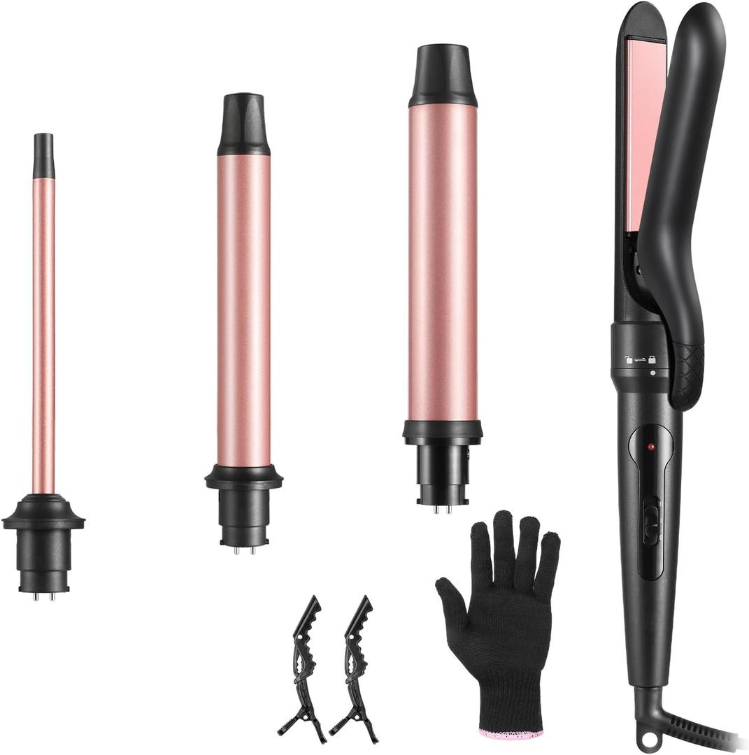 4 in 1 Curling Iron with Interchangeable Ceramic Barrels (0.35"-1.25"), Curling Wand Set with Flat Iron Hair Straightener, Dual Voltage Hair Curler, 2 Temps Fast Heat Hair Waver Curler (Gold)