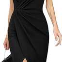 Missufe Women's Sleeveless V Neck Wrap Ruched Bodycon Party Cocktail Sheath Slit Midi Dress S