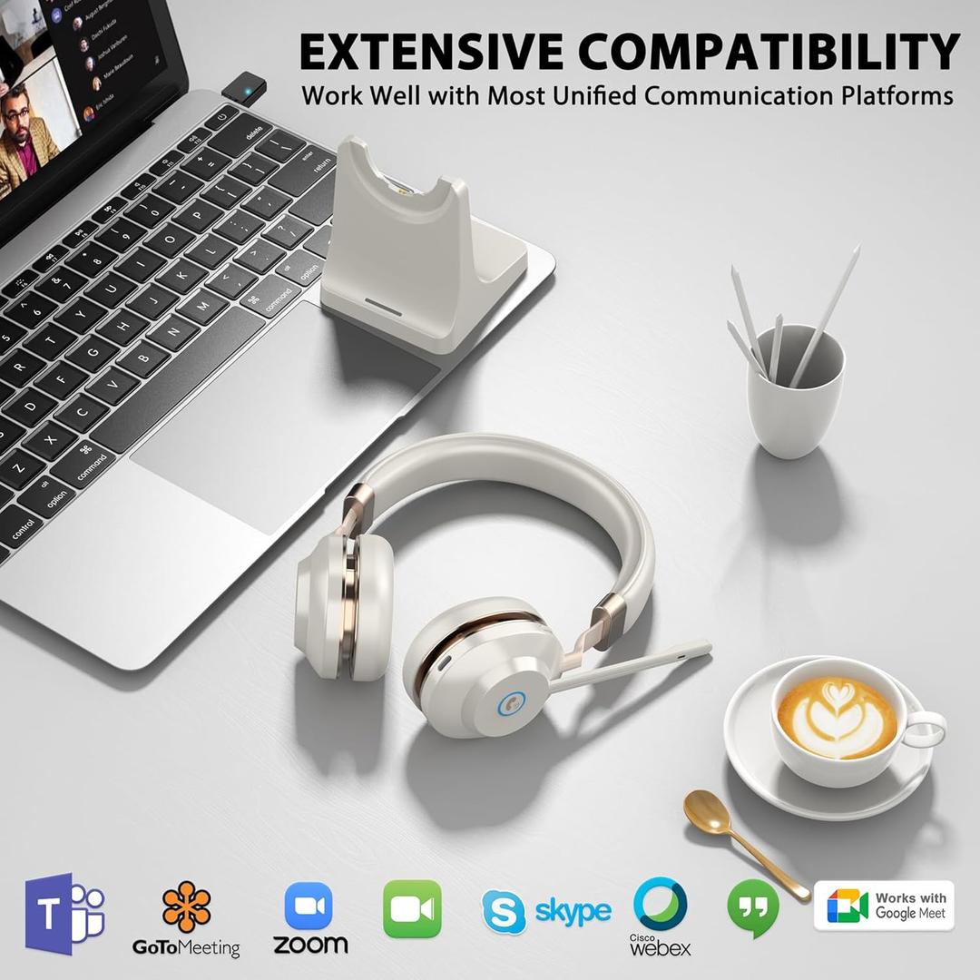 Wireless Headset, Bluetooth Headset with Microphone Noise Canceling& Charging Dock, V5.2 Wireless Headphones with Mic Mute & USB Dongle, 45Hrs for Work/Meetings/Call Center/Office/Teams/Zoom