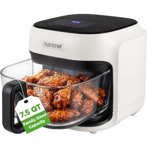 NutriChef Family Size 7.5 Quart Air Fryer | 6 Preset Cooking Modes | Glass Fry Bowl for Best Cooking | 360 Air Circulation | Cook Veggies, Steak, Fries, Seafood, Chicken & More | White