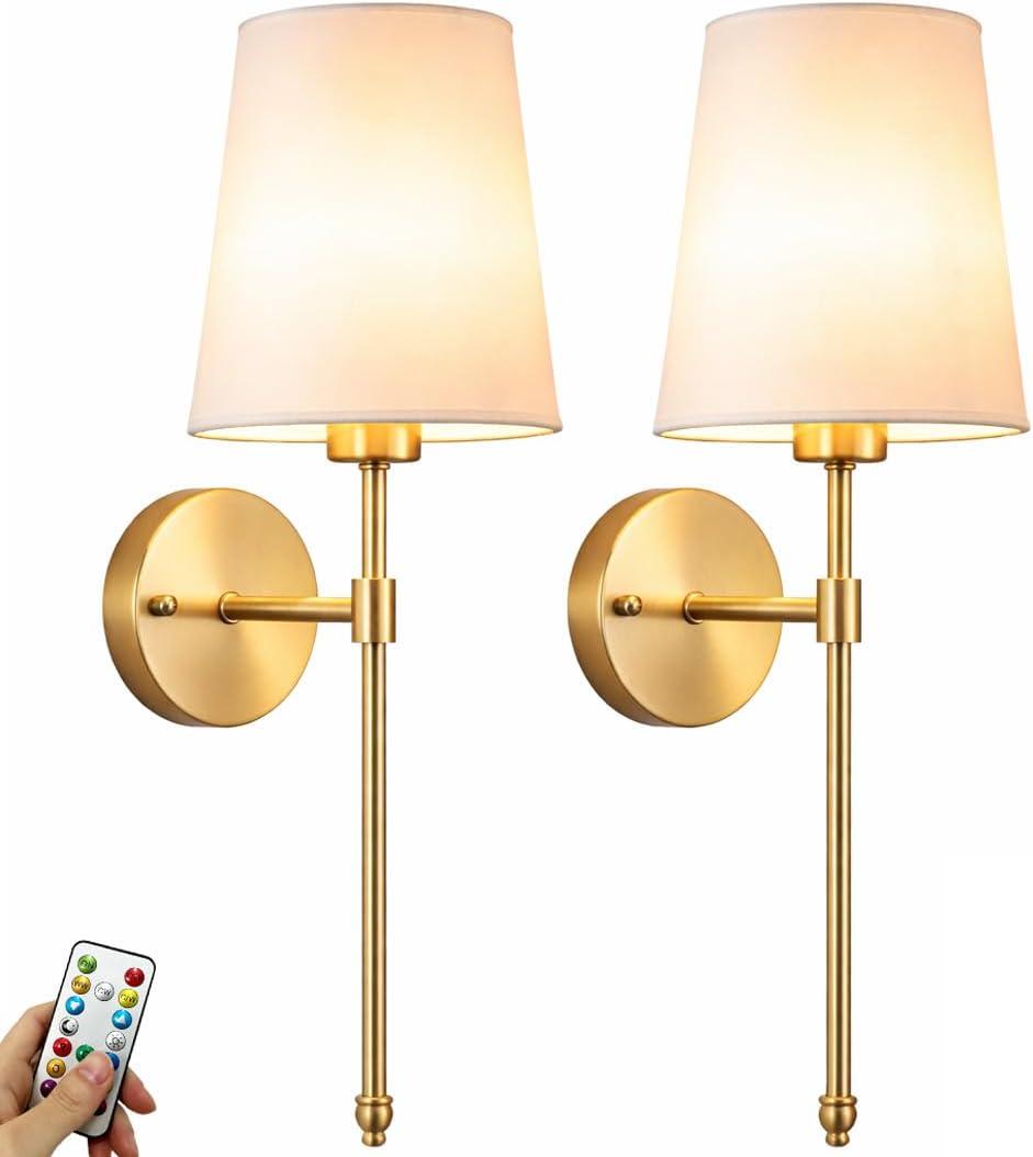 YHCDLAMP Battery Operated Wall Sconces Set of 2, Rechargeable Wireless Wall Lights with 10000mAh Magnetic Bulbs, Up to 50 Hours Runtime, Remote & RGB Dimmable, Brass for Bedroom Living Room Hallway