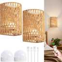 Battery Wall Sconces Set of 2, Rattan Rechargeable Wall Sconce, Boho Wireless Wall Lamp with Remote, Battery Operated Sconces for Bedrooms, Hallway, Living Room