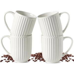 HASENSE Textured Coffee Mugs Set of 4, 16 Oz Ribbed Ceramic Cups with Large Handle for Latte Tea Cappuccino, Stackable Embossed Mug Set for Mom Dad, Microwave Dishwasher Safe, Creamy White