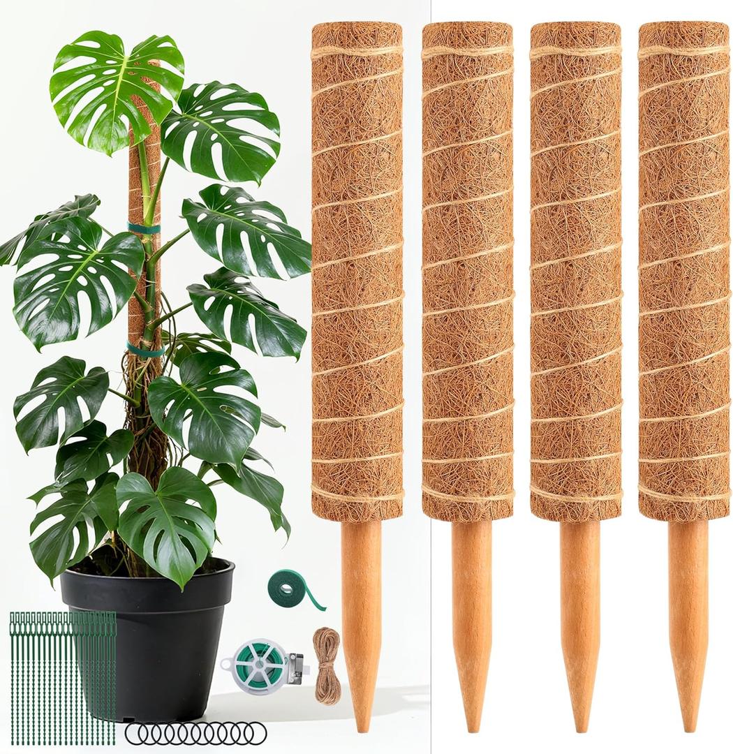 48 Inch Monstera Plant Support, 4 Pack 16 inch Moss Pole for Monstera & Climbing Plants Coco Coir Plant Support, Plant Ties Included