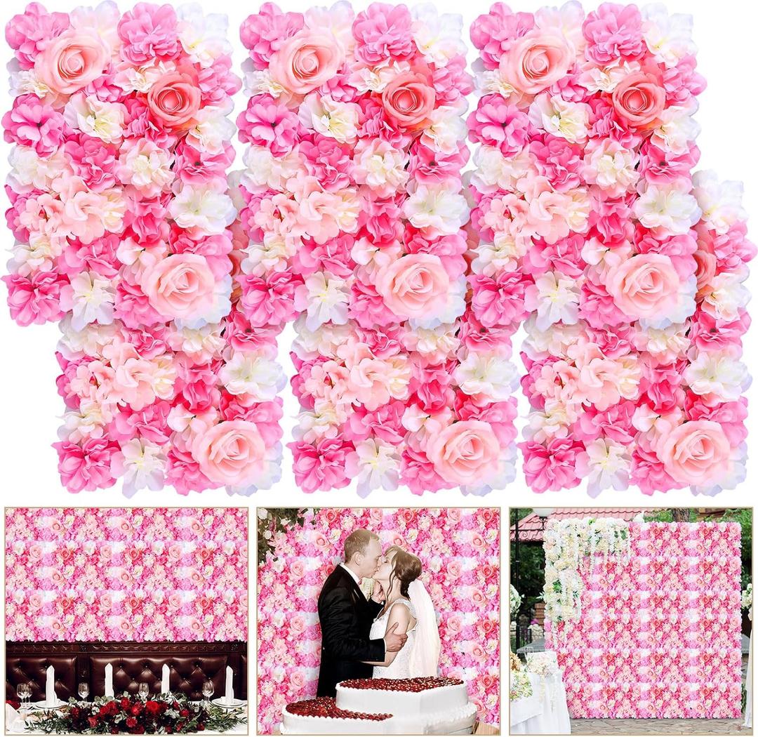Tigeen Flower Wall Panels 3D Silk Rose Floral Decorative Faux Flower Wall Background for Wedding Home Decoration Background Shop Party Photo Arrangement(Pink, White,12 x 16 Inch)