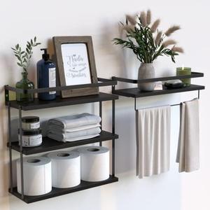 RICHER HOUSE 3+1 Tier Wall Mounted Floating Shelves Set of 2, Rustic Wood Wall Shelf with Metal Frame, Extra Storage Rack for Bathroom, Kitchen, Bedroom with Tissue Rack & Towel Bar - Black