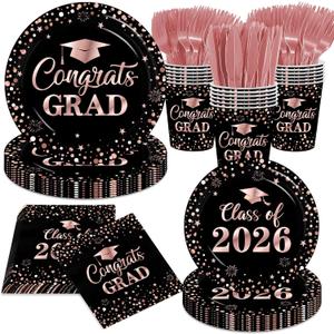 Graduation Plates and Napkins,Pink and Black Graduation Decorations 2026 Tableware Class Of 2026 Grad Paper Plates and Napkins for Congrats Grad Party Decorations
