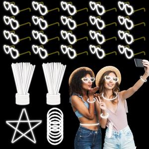 100PCS White Glow Sticks Party Favors with 20PCS Glow Glasses(For 60 Glow Bracelets&20 Heart Glasses),Glow In The Dark Party Supplies Neon Party Decor for Christmas New Year Valentine's Day