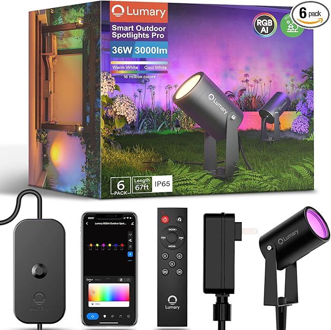 Lumary Smart Landscape Lights Pro 500LM, 6 Pack Color Changing Landscape Spotlights IP65 Waterproof, RGBAICW Low Voltage Outdoor Lights for Garden Yard and Pathway, APP/Remote/Voice Control, 65FT