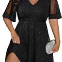 Floerns Women's Plus Size A Line Dress Mesh Short Sleeve V Neck Flared Glitter Ribbed Knit Party Cocktail Dresses Black 3X-Large Plus