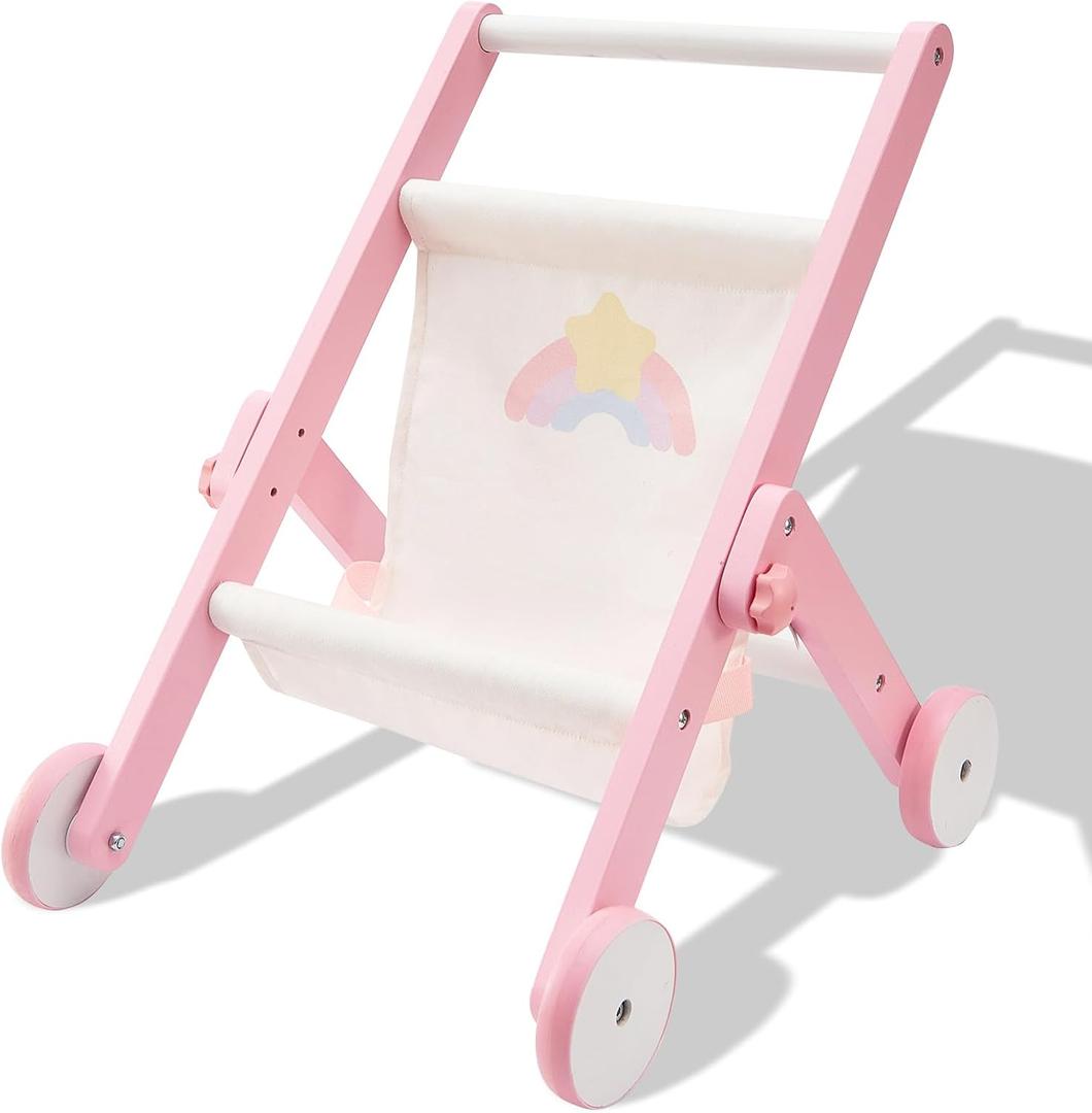 FUNLIO Wooden Doll Stroller for Toddlers 12 Months+, Adorable Pink Baby Doll Strollers for Pretend Play, Rounded Corner & Stable Triangular Structure, Easy to Assemble & Fold, CPC & CE Certified