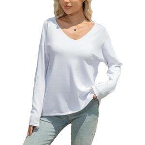 Women’s V Neck Knit Sweater Loose Fit Lightweight Pullover Long Sleeve Jumper Casual Fall Winter Tops (White/S) 