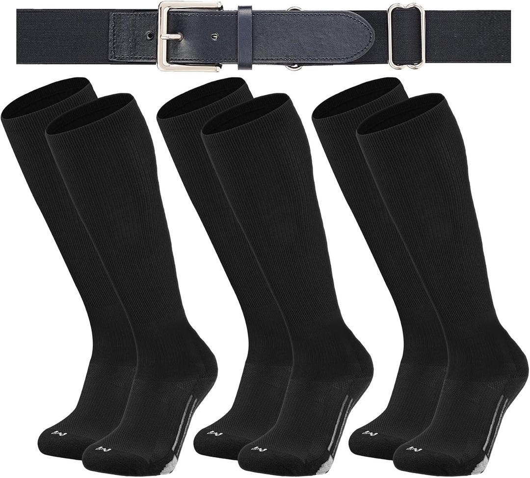 Youth Elite Baseball/Softball Socks & Belt Combo (3 Pairs of Socks with 1 Belt) (Black)