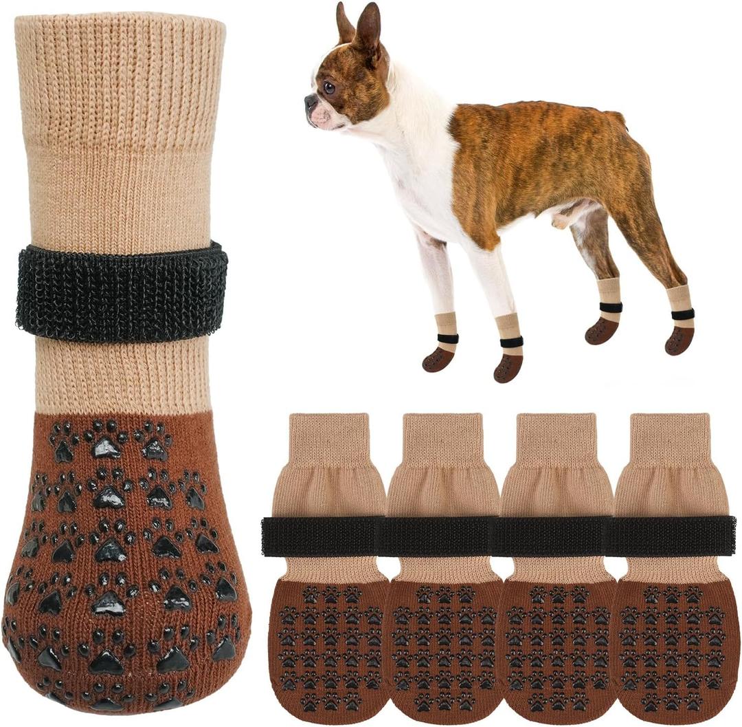 SCENEREAL Dog Socks to Prevent Licking Paws for Hardwood Floors Anti Slip, Dog Grippy Socks Shoes for Senior Small to Large Dogs, Dog Boots & Paw Protectors for Hot/Cold Scratching Pavement (S(Paw Width 2.1in), Two Color(Pack of 4)-Khaki)