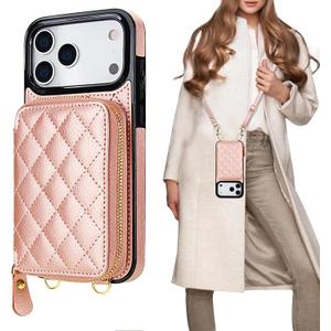 Bocasal Crossbody Wallet Case for iPhone 17 Pro Max, RFID Blocking PU Leather Zipper Handbag Purse Flip Cover, Kickstand Folio Case with Card Slots Holder Wrist Strap Lanyard 5G 6.9 Inch (Rose Gold)