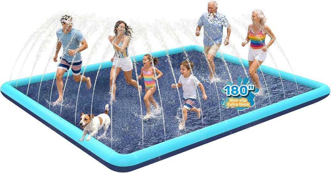 127" x 127" Giant Square Splash Pad for Dogs & Kids, Extra Large Non-Slip Sprinkler Pool, Shallow Water Play Mat for Family Backyard Water Fun, Teal