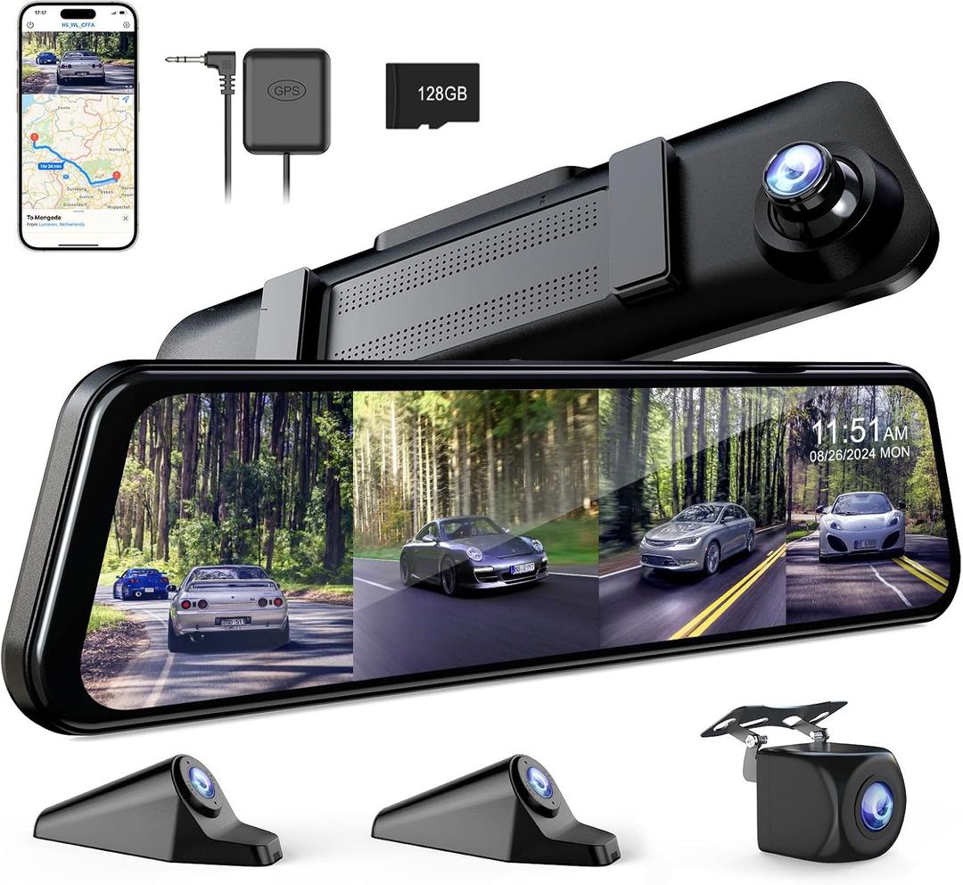 360 Degree View 4 Channel Mirror Dash Cam Detached Camera for CarsDash Cam Front and Rear Side(Left,Right),12'' Rear View Mirror Camera1080Px4,WiFi,Night Vision,GPS,Parking Monitor,Free 128GB Card