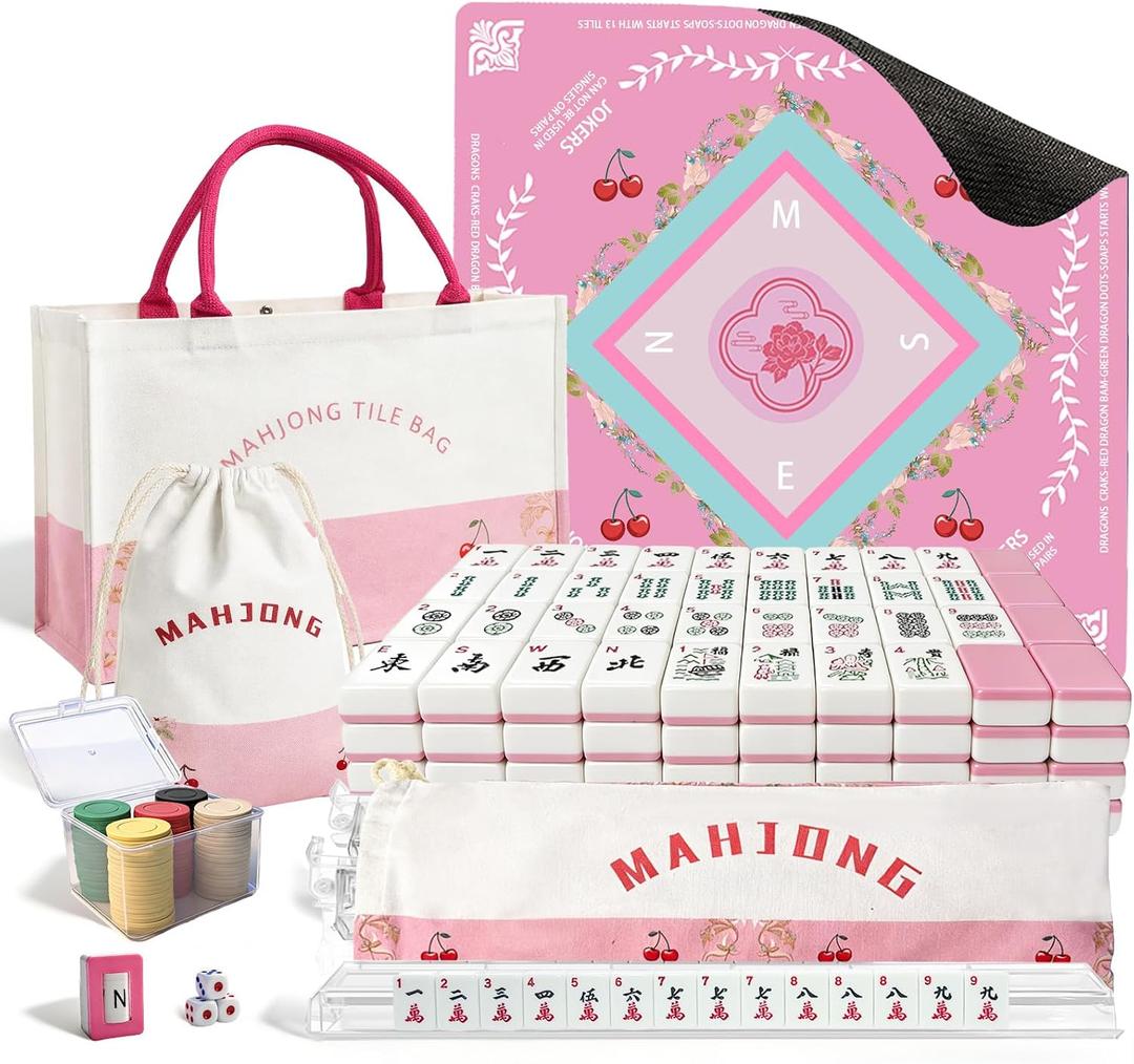 American Mahjong Tiles Set with Noise Reducing Mat, 166 Mahjong Game with Portable Storage Bags, 4 All-in-One Color Rack/Pushers, Scoring, Plastic Coins Dices for Adults & Beginners, 1.2 inches
