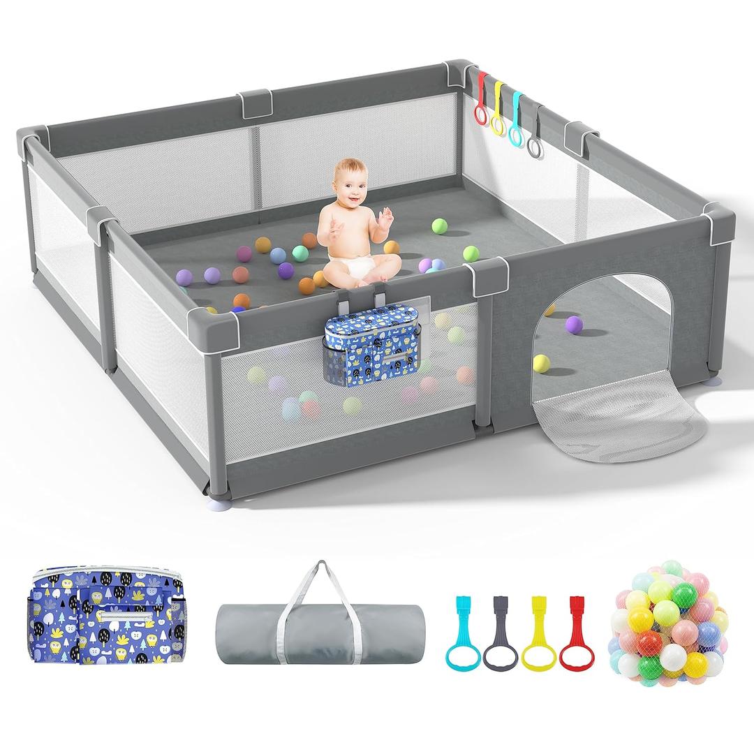 LUTIKIANG Extra Large Playpen for Toddlers, 79" X 71" with Gates, Baby Play Yards, Safety Indoor Play Area, Ocean Balls (Grey)