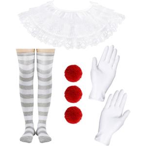 Jecery 6 Pcs Women's Creepy Clown Halloween Costume Accessories Gloves, Collar, Pompoms, Thigh Stockings for Cosplay Party
