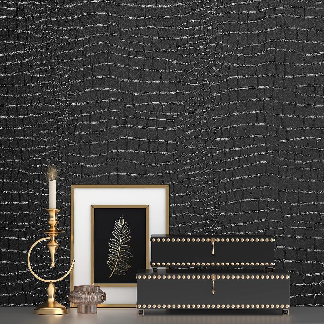 Black Wallpaper Peel and Stick Wallpaper Self Adhesive Removable Wall Paper Vintage 15.7"x78.8" Textured Wallpapers Dark Black Contact Paper for Bedroom Cabinets and Drawers Vinyl Roll