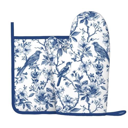 Blue Silicone Oven Mitts Pan Mats Set of 2, Heat Resistant Gloves Potholder with Non-Slip Grips Hanging Loops Pot Holder, Spring Summer for Chef Cooking, Baking, Grilling, BBQ