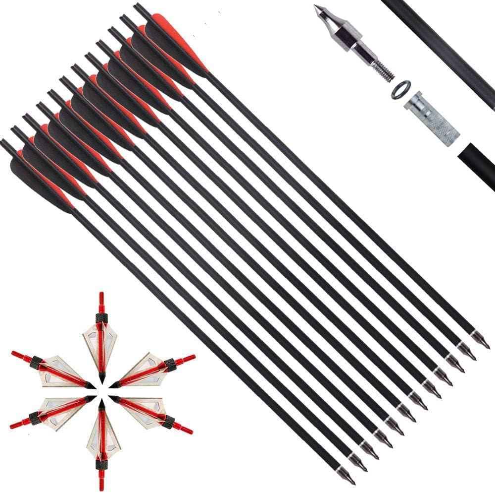 IRQ 20 Inch Carbon Crossbow Bolt and Crossbow Broadheads Set, 12 Pcs Hunting Carbon Arrows for Crossbow with 3 Blade Broadheads 6 Pcs for Archery Practise Hunting Crossbow Arrows (Black and red)