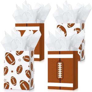 16 Pcs Sports Party Gift Bags with Tissue Paper Baseball Football Soccer Basketball Gift Goodie Favor Bags with Handle for Baseball Theme Party Girls Boys Birthday Decoration (Dark Brown, Football)