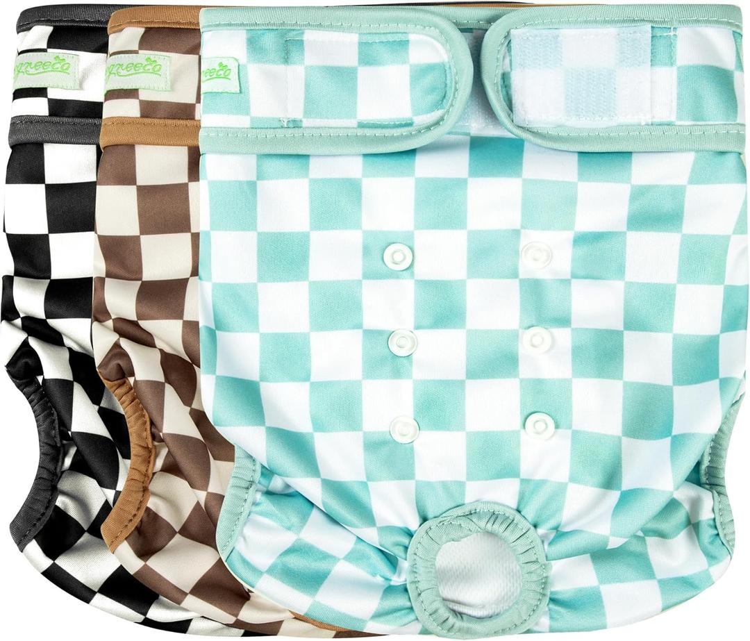 Wegreeco Washable Female Dog Diapers Highly Absorbent Reusable Diapers for Dog in Heat Period Diapers, 3 Pack (Checkerboard Green, Black, Coffee, Medium)