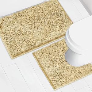 AINAHYVA Bathroom Rugs Chenille Bath mat 2 Piece Set, Super Absorbent, Strong PVC Non Slip Backing, Bath mats for Bathroom, Plush Shaggy, Thick, Machine Washable, Bathtub, Shower, Toilet, Beige