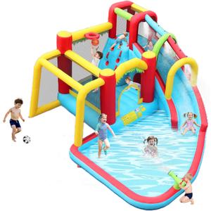 Inflatable Water Slide Bounce Castle with Blower, Dry and Wet Blow Up Jumping Bouncer with Slide, Climbing Wall, Basketball, Funny Tunnel, Soccer, Ball Pit Pool for Outdoor
