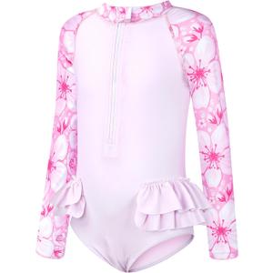 JiAmy Girls Swimsuits - One Piece Bathing Suit, Long Sleeve Zipper UPF 50+, Quick Dry Beach Swimwear for Kid 4-12 Years (Pink)