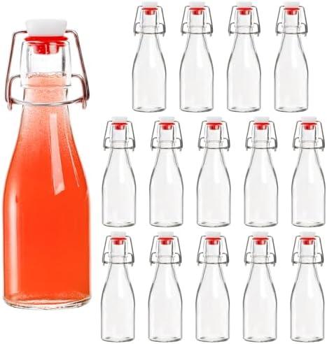 Tebery 15 Pack Flip Top Round Glass Bottles with Leak Proof Easy Caps, 5 oz Clear Beer Bottle Vinegar Kombucha Bottles for Wedding Themed Baby Shower Christmas Gifts