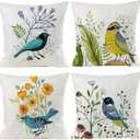 Bird Decorative Pillow Covers Spring Style Throw Pillow Cover Cushion Case Outdoor Flower Bird Set for Sofa Bed Couch Car Office 20x20 Inch Set of 4