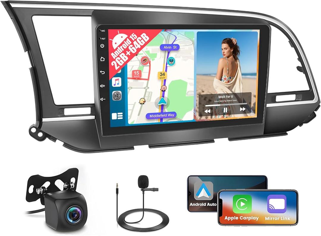Android 15 2+64G Car Radio for Hyundai Elantra 2016 2017 2018 Wireless CarPlay Android Auto, 9 Inch Touch Screen Car Stereo with WiFi GPS Bluetooth FM/RDS EQ 26UI Backup Camera MIC