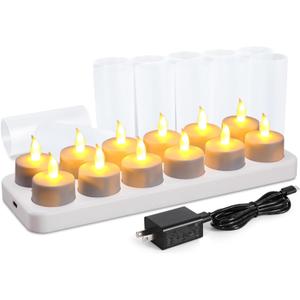 WoneNice USB Rechargeable Flameless Candles, 12 Pack LED Tea Lights with Charging Dock & AC Adapter, Safe Battery Operated Fake Votive for Wedding Christmas Lanterns Emergency Home Decor