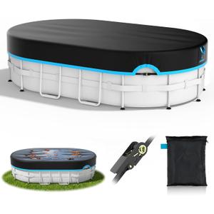 10x16 Ft Oval Pool Cover, Heavy Duty Pool Cover Protector with Ratchet Tie Downs, 420D Oxford Fabric for All Season Use - Tear Resistant, UV & Dust Proof