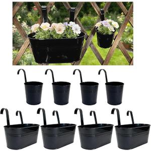 Joyfernal Pack of 4 Metal Hanging Planters for Outdoor Plants, 2 Pcs 4" Round Railing Planter & 2 Pcs 10" Oval Fence Flower Pots for Balcony Garden Decor, Black