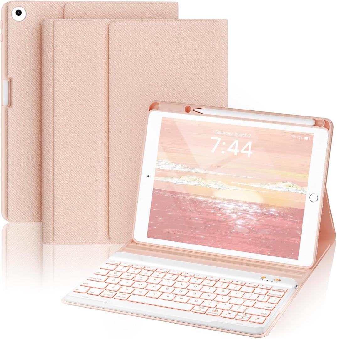 OYEEICE Keyboard case for iPad 9.7 inch, iPad 6th Gen (2018), iPad 5th Gen (2017), iPad Air 2 (2014) - 7 Color Backlit Wireless Keyboard with Pencil Holder for iPad 6th/5th Pro 9.7'' Air 2/1- Pink (Classic Style)