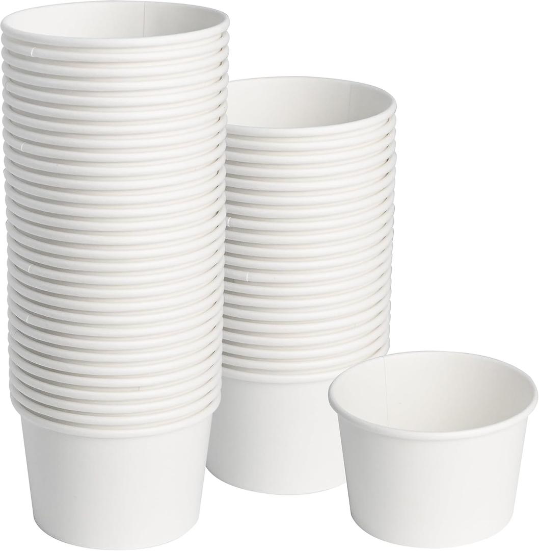 ESSENTIAL Paper Ice Cream Cups, 50pcs 8oz Disposable Dessert Bowls for Hot or Cold Food, Lids Not Included, Paper Snack Containers for Sundae, Frozen Yogurt, Soup (White), 50 count without Lids