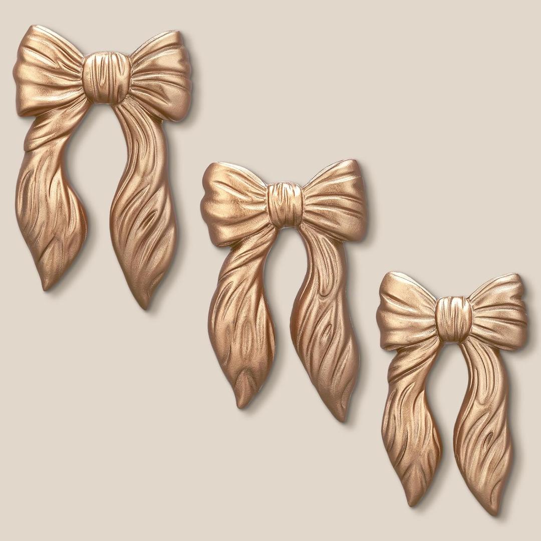 Honeydak 3 Pcs Gold Resin Bow Knot Wall Hanging Decoration Vintage Art Bow Ornament Golden Bowknot Wall Craft Sculpture for Photo Frame Wedding Bedroom Living Room Kitchen Bathroom